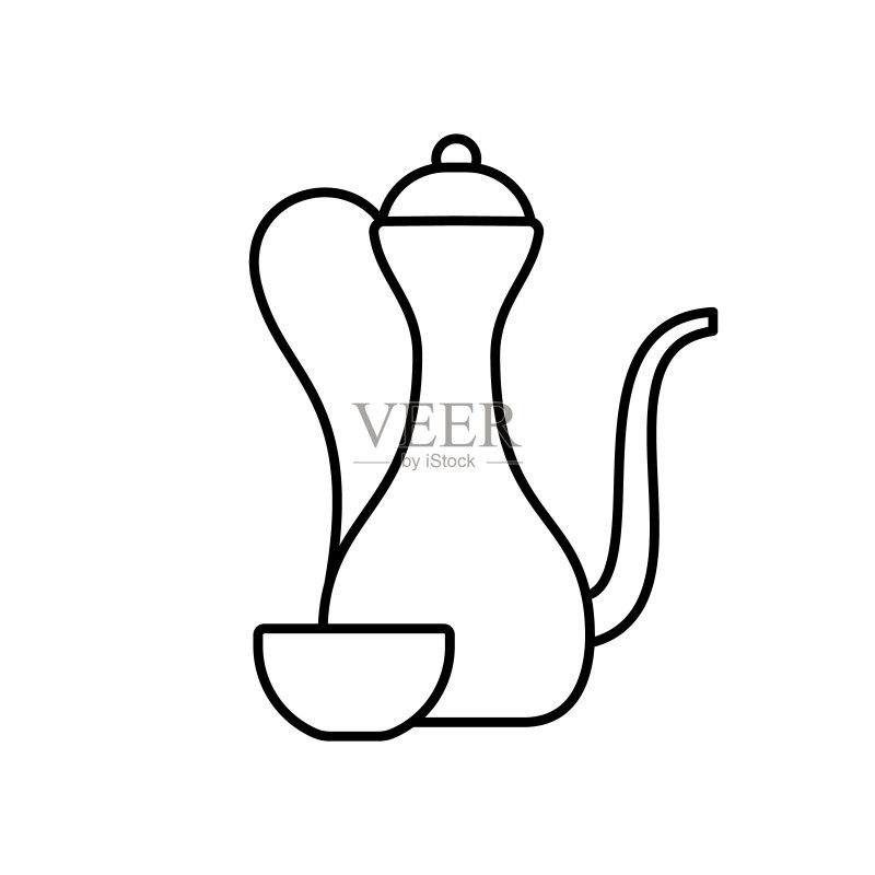 带杯子的阿拉伯水壶。茶具图标。线条艺术图标素材