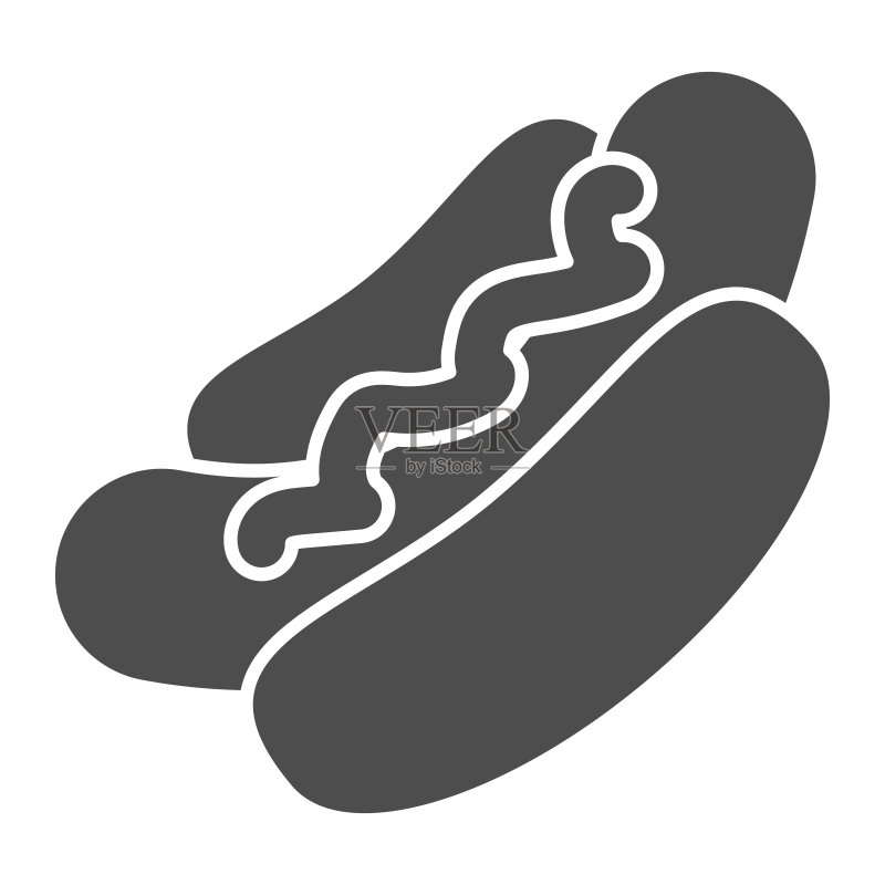 热狗实心图标,垃圾食品概念,白色背景上的热狗标志,用于移动概念和网页设计的带有酱汁的美国热狗三明治字形风格图标。矢量图形。图标素材