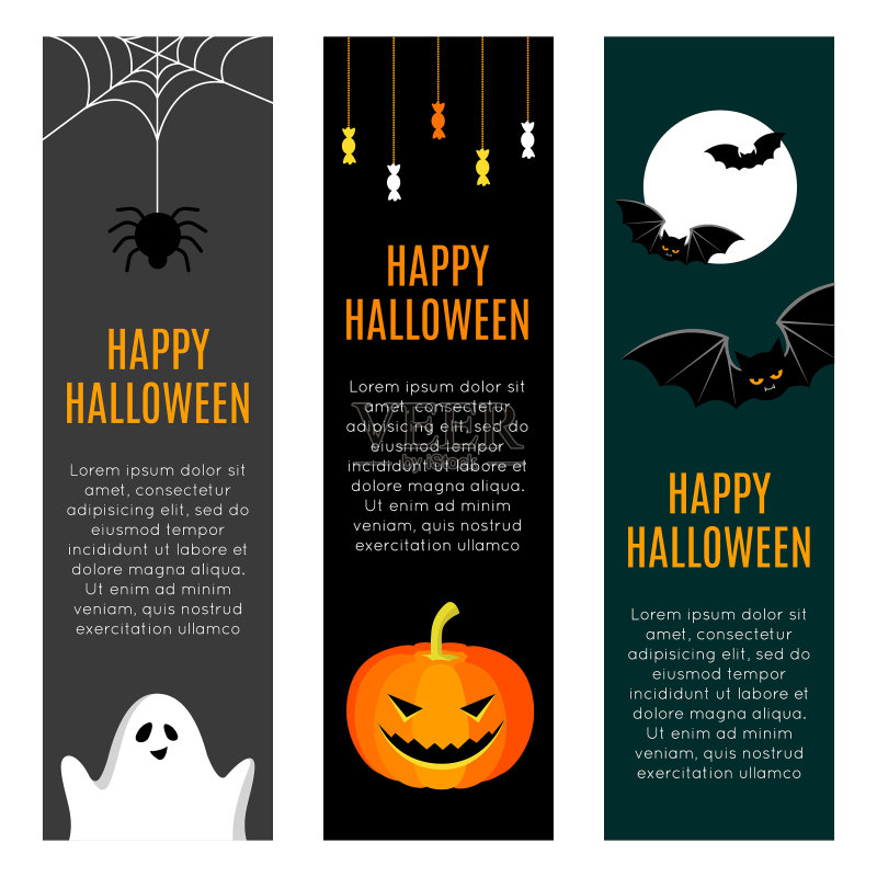 三个万圣节横幅,南瓜,蜘蛛,幽灵和蝙蝠正版模板素材