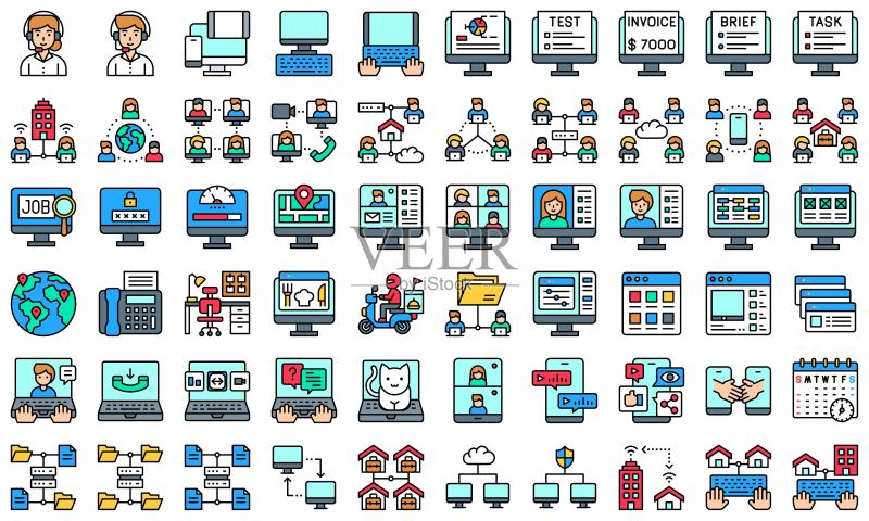 远程办公或远程工作图标集矢量图图标素材