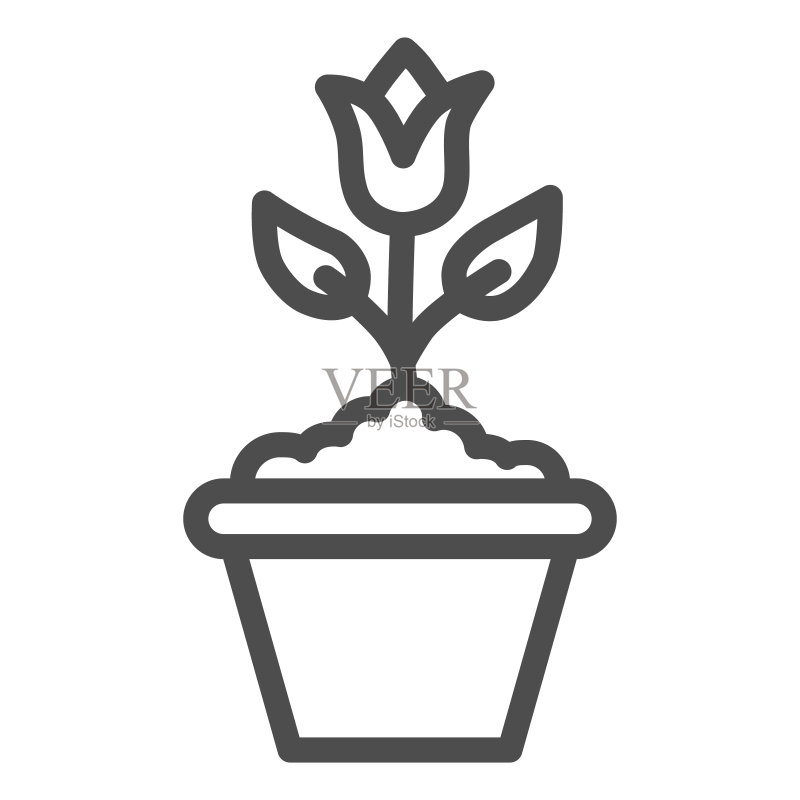 花盆线条图标中的花,白色背景上的花卉概念,盆栽郁金香花图标,用于移动概念和网页设计矢量图形图标素材