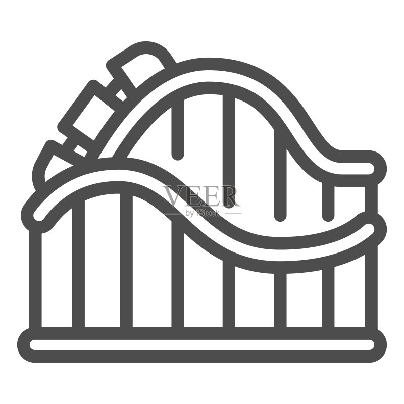 过山车游乐设施线性图标,游乐园概念,白色背景上的游乐设施标志,用于移动概念和网页设计的轮廓样式过山车图标。矢量图形。图标素材