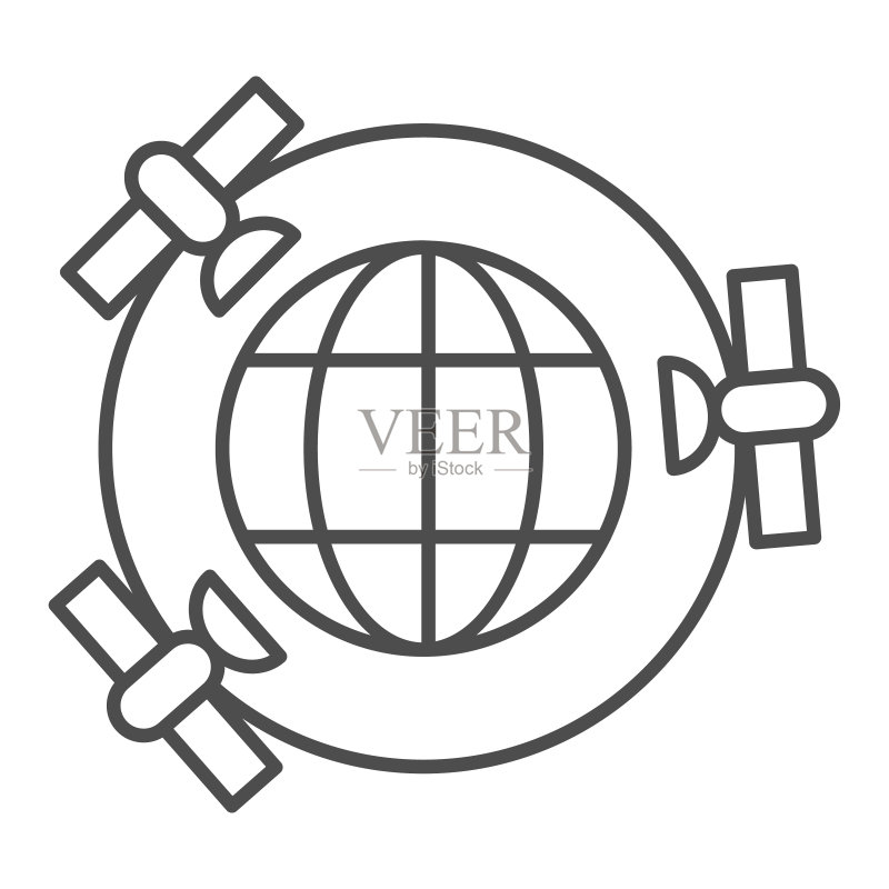 带有GPS卫星的行星细线图标,导航概念矢量图形图标素材