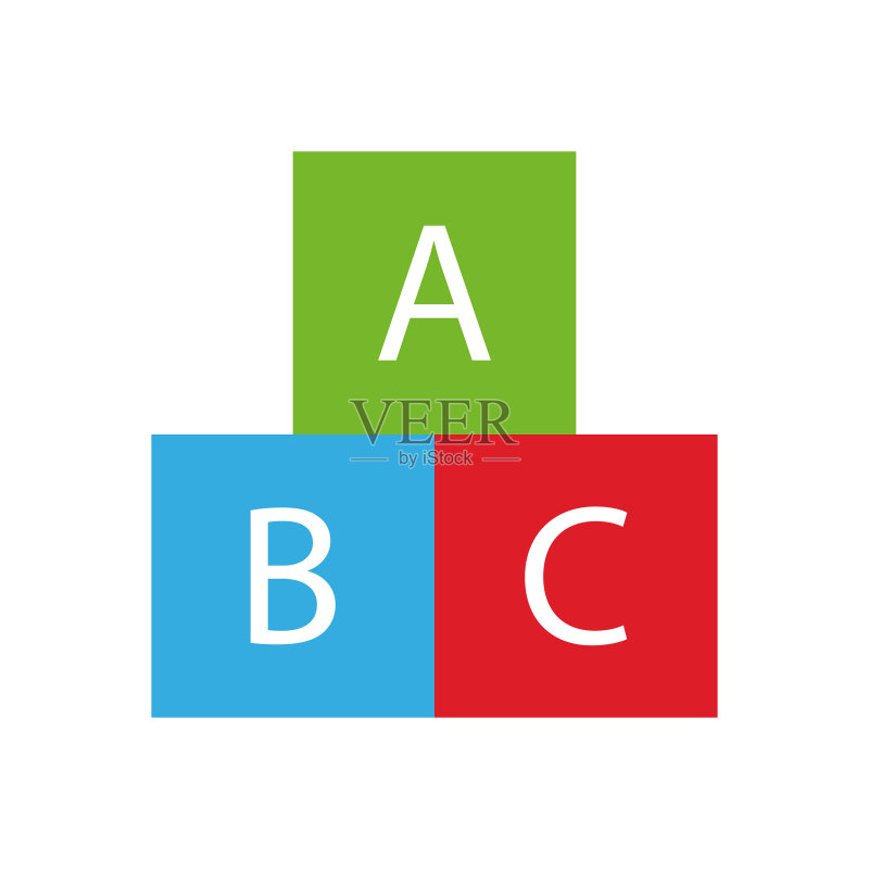 ABC积木矢量图标,扁平风格的A、B、C字母积木图标素材