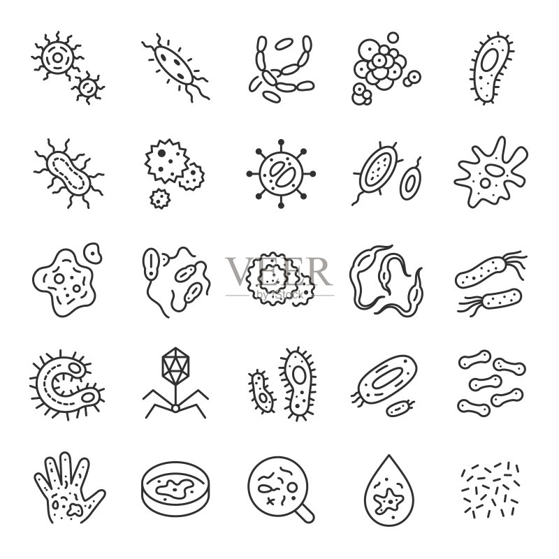 细菌、病毒图标集,各种形状的微生物线性图标,可编辑描边图标素材