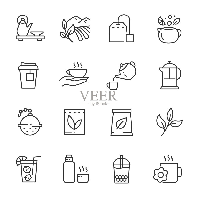 茶图标集(茶树叶饮品,线性图标,可编辑描边)图标素材