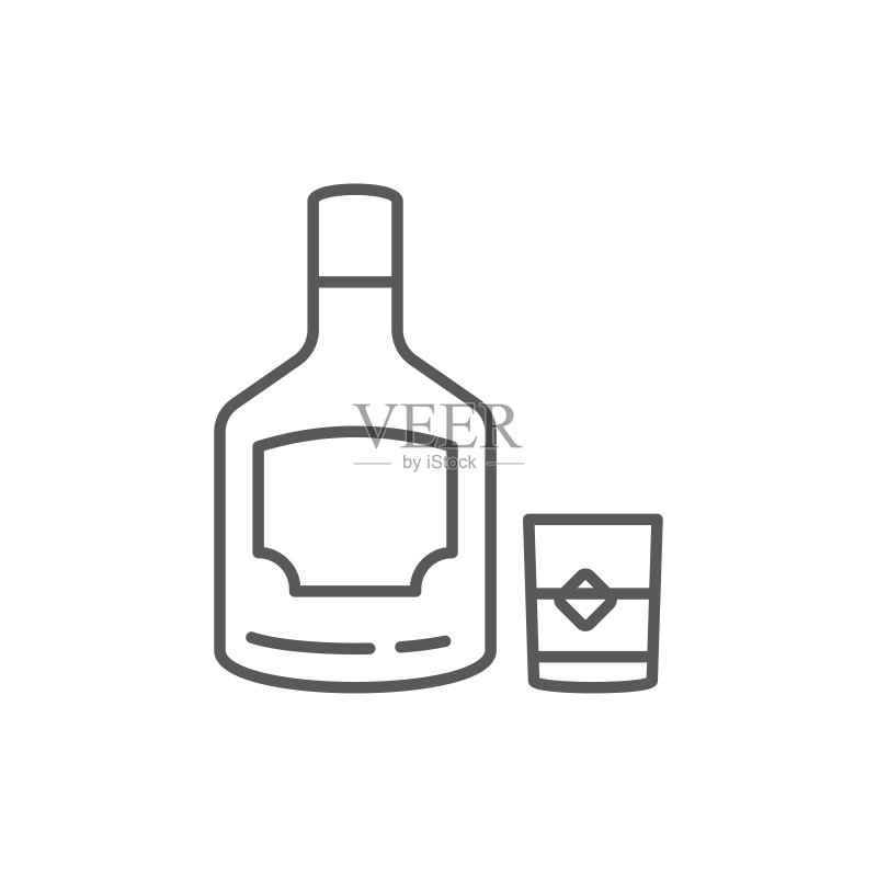 威士忌酒瓶和酒杯矢量图标符号酒精,白色背景上隔离图标素材