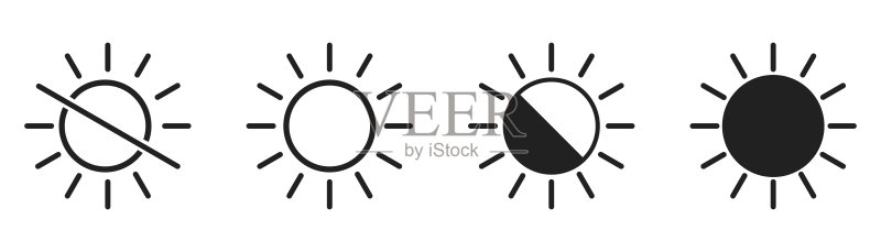 阳光明媚图标集。矢量隔离的简单亮度集合。图标素材