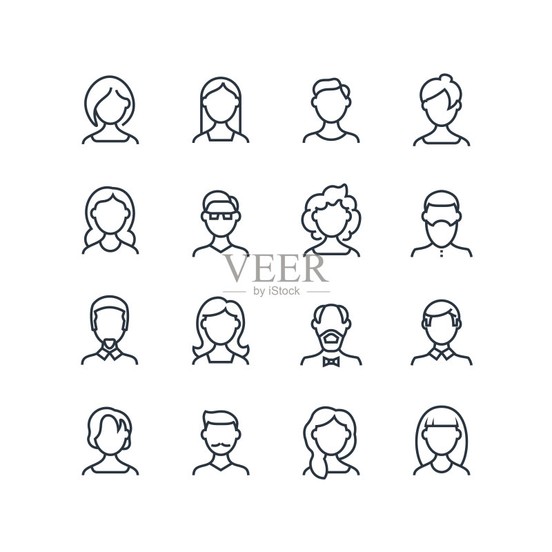 男女面部线条图标,具有不同发型的轮廓符号矢量人物头像图标素材