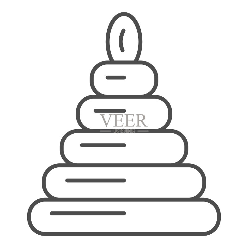 金字塔玩具细线图标,儿童玩具概念,白色背景上的儿童益智玩具标志,用于移动和网页设计的塑料堆叠环玩具轮廓样式图标。矢量图形图标素材