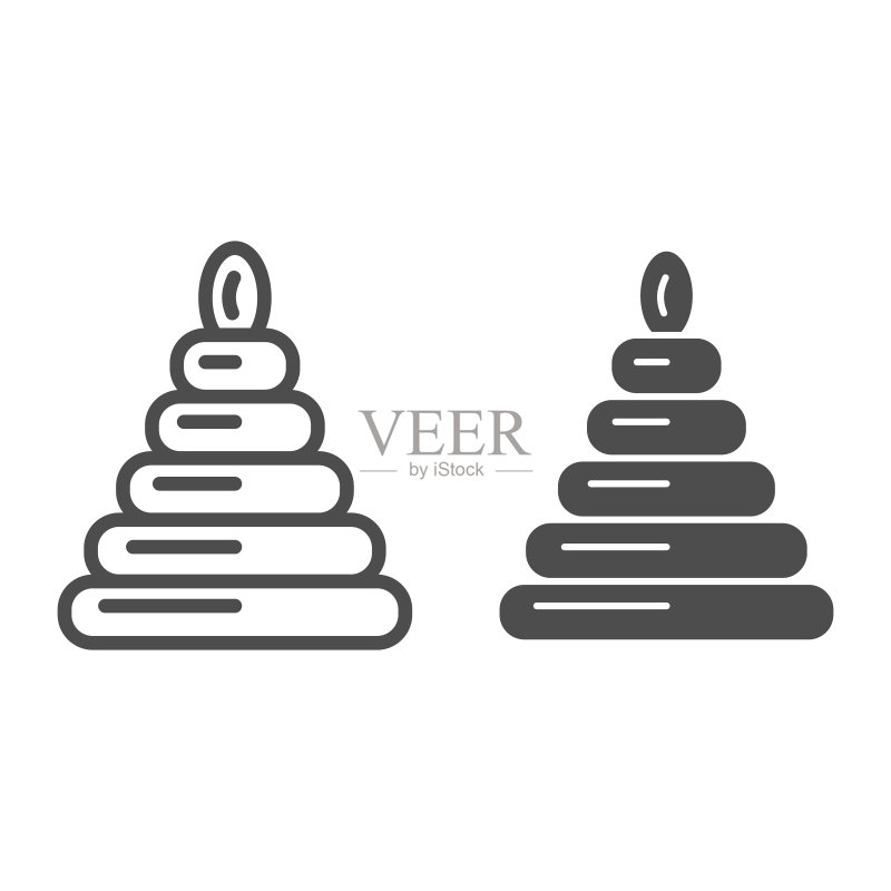 金字塔玩具系列和实心图标,儿童玩具概念,白色背景上的儿童益智玩具标志,用于移动和网页设计的塑料堆叠环玩具轮廓样式图标。矢量图形图标素材