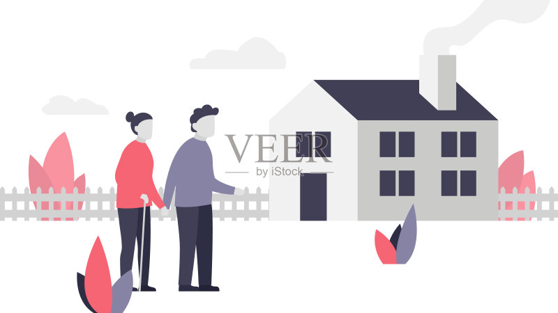 一对老年夫妇向房子走去。美丽舒适的家和老男人和女人在前面的草坪上拄着拐杖。住宅建筑外部植物平面矢量插图正版插画素材