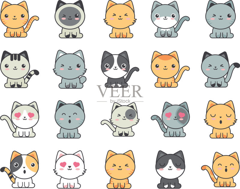 白色背景上的可爱猫咪合集图标素材