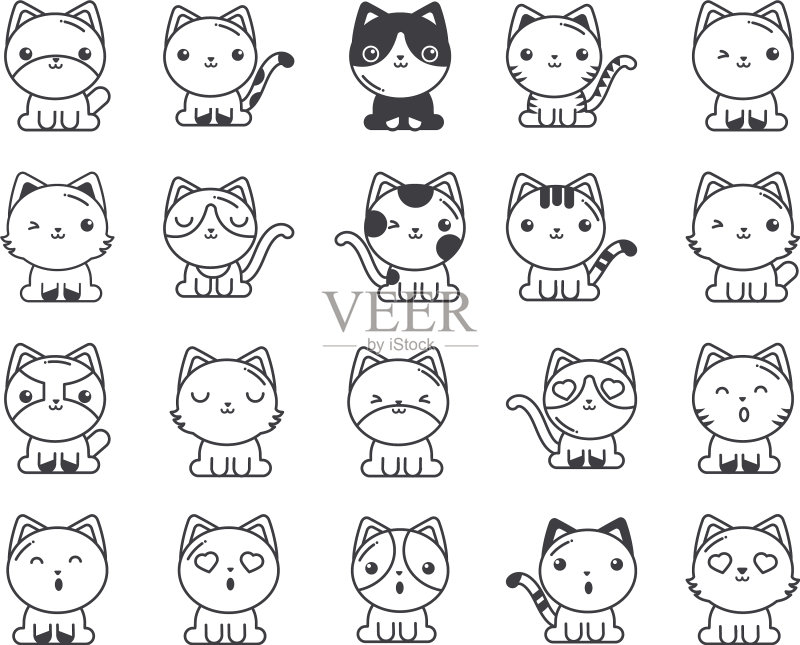 白色背景上的可爱猫咪线条风格图标素材
