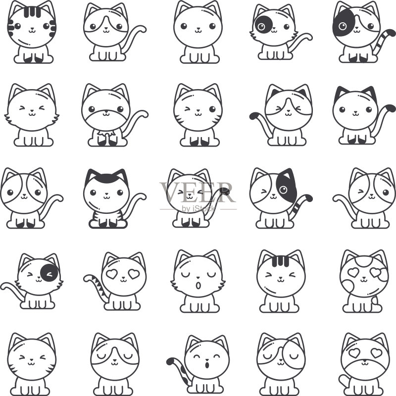 白色背景上的可爱猫咪线条风格图标素材