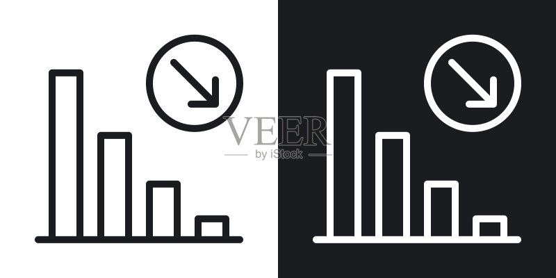 下降图表图标。股市下跌或企业利润下降的概念。黑色和白色背景上的简单双色矢量插图图标素材