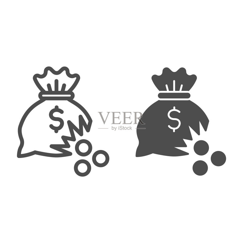 带有孔洞和硬币的钱袋线条和实体图标,金融问题概念,白色背景上撕裂的钱袋漏出硬币的标志,轮廓风格的钱袋孔洞图标。矢量图形图标素材