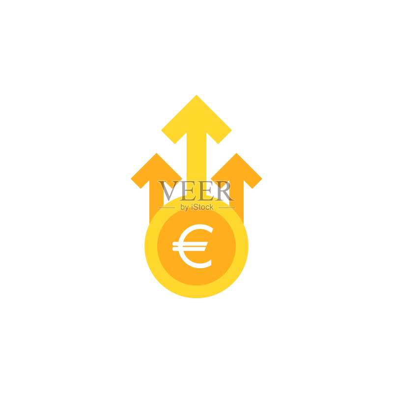 欧元增长矢量图标,金色韩元硬币与三个向上箭头,扁平图标,白色背景图标素材