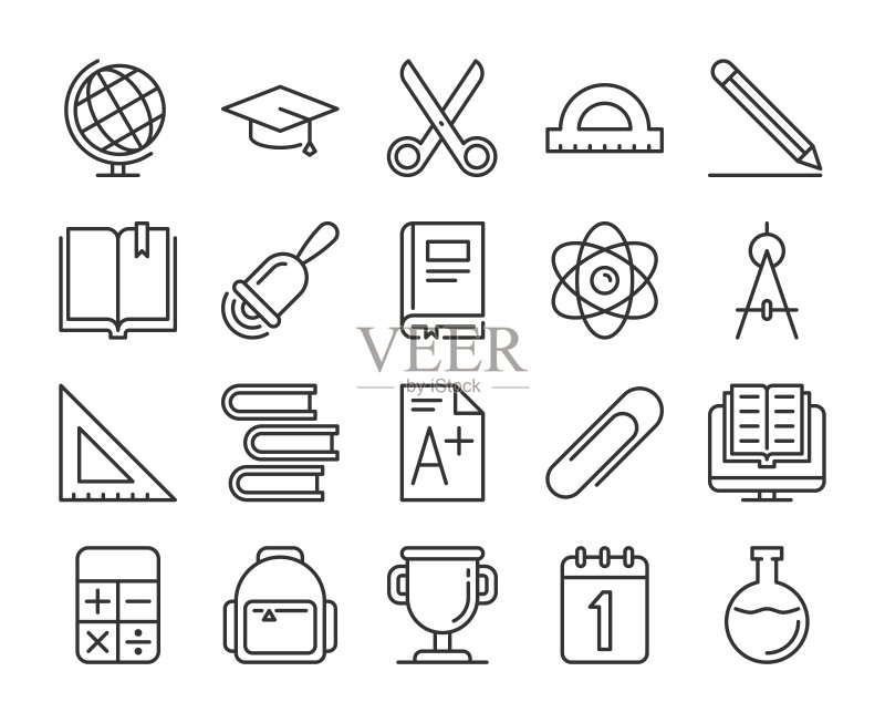学校用品图标:返校季线性图标集,矢量插图,可编辑描边图标素材