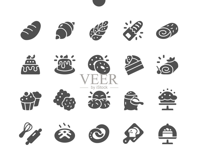 面包店精心设计的像素完美矢量实体图标,适用于Web图形和App的30 2x网格,简约象形图图标素材