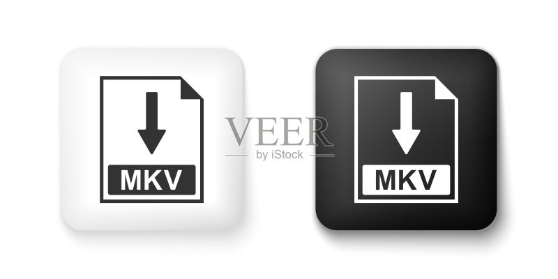 黑白MKV文件文档图标。白色背景上孤立的下载MKV按钮图标。方形按钮。矢量图标素材