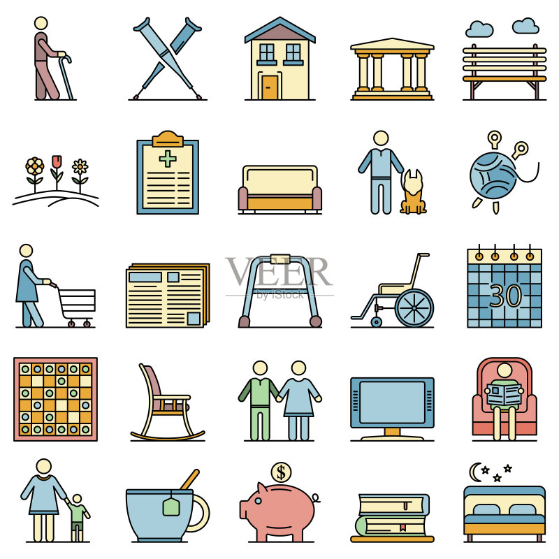 养老金图标集线条颜色矢量图,轮廓样式图标素材