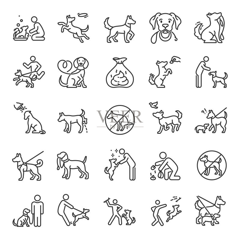遛狗图标集:主人牵着狗,线性图标,清理宠物粪便图标素材