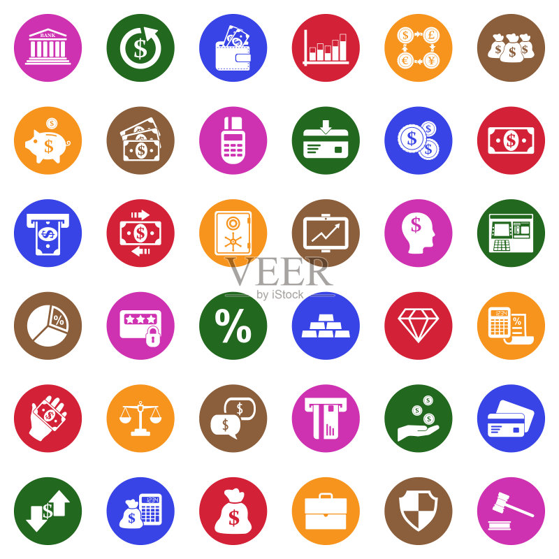 银行图标:白色扁平设计圆形矢量素材图标素材