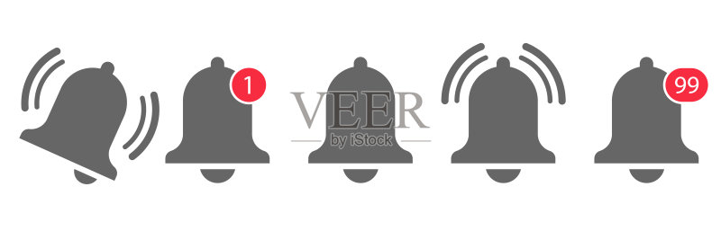 铃铛通知图标矢量:消息提醒注意订阅应用WEB闹钟收件箱手机红色按钮智能手机社交媒体模板库存插图图标素材