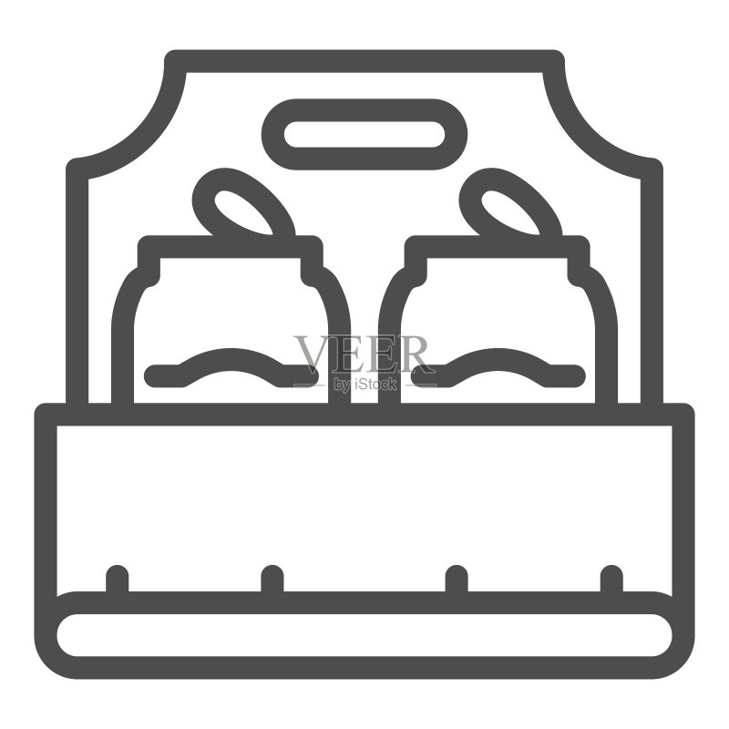 盒装啤酒罐线条图标,饮料概念,白色背景下的两罐啤酒箱标志,移动概念、网页设计的啤酒包轮廓样式图标。矢量图形图标素材