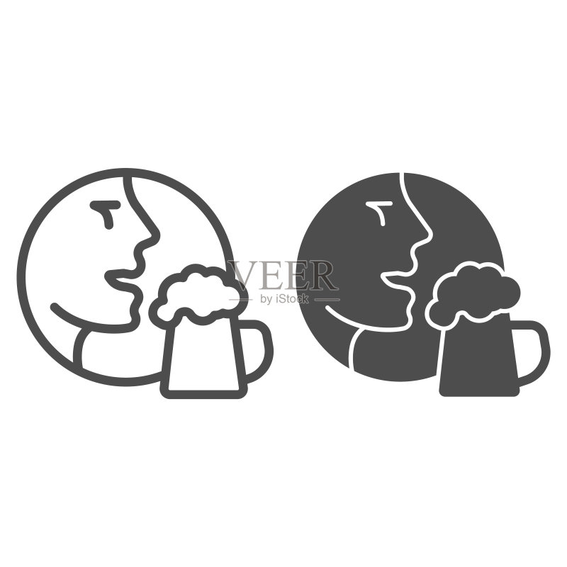 带有啤酒杯线条和实心图标的男子面部,精酿啤酒概念,带有玻璃杯的人在白色背景上的标志,带有啤酒图标的人头轮廓风格,适用于移动概念、网页设计,矢量图形图标素材
