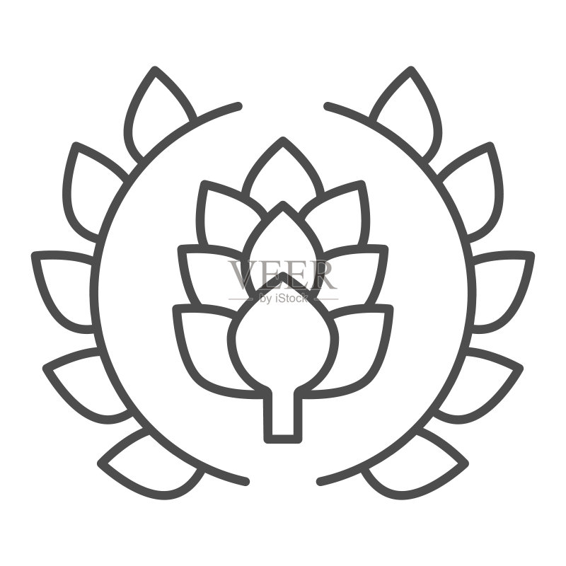 啤酒花叶子花环细线图标,精酿啤酒概念,白色背景上的啤酒标志或banner标志,带有啤酒花分支轮廓风格的移动和网络花环。矢量图形。图标素材
