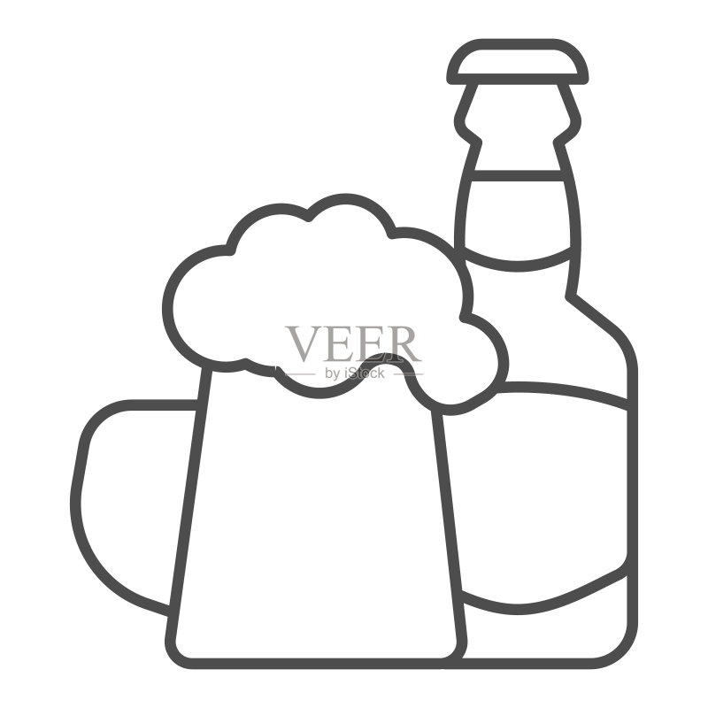 玻璃瓶和啤酒杯细线图标,精酿啤酒概念,白色背景上的酒精饮料标志,手机概念、网页设计的啤酒瓶与玻璃杯轮廓样式图标,矢量图形图标素材