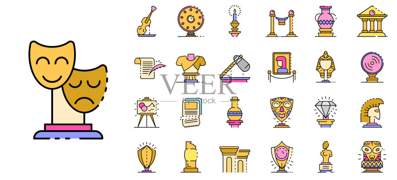 博物馆图标设置线颜色矢量,轮廓样式图标素材