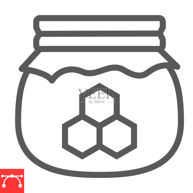 蜂蜜罐线条图标,犹太新年和蜂巢,蜂蜜符号矢量图形,可编辑描边线性图标,EPS 10图标素材
