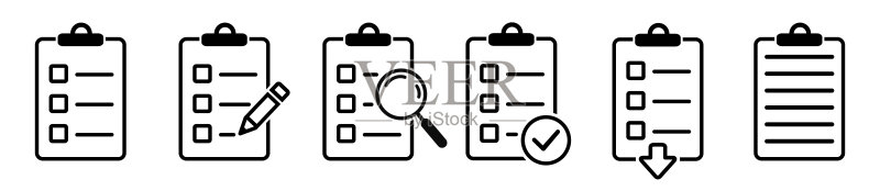 剪贴板图标集:包含批准复选图标、质量标志、带铅笔的清单、放大镜、复选标记和箭头矢量素材图标素材