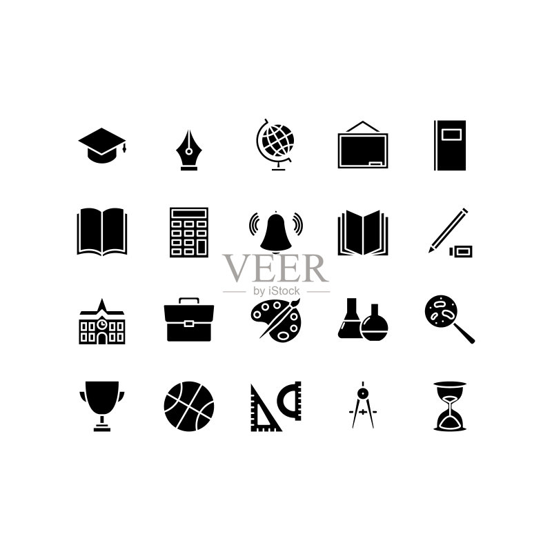 学校和教育图标集。标志、象形图、设计信息图表元素。白色背景上的矢量图图标素材