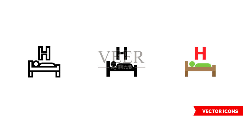 三种类型的青年旅社图标:彩色、黑白、轮廓。孤立的矢量符号图标素材