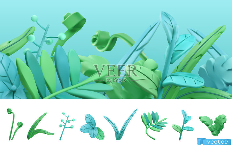蓝绿色卡通弹簧草3D图标集图标素材