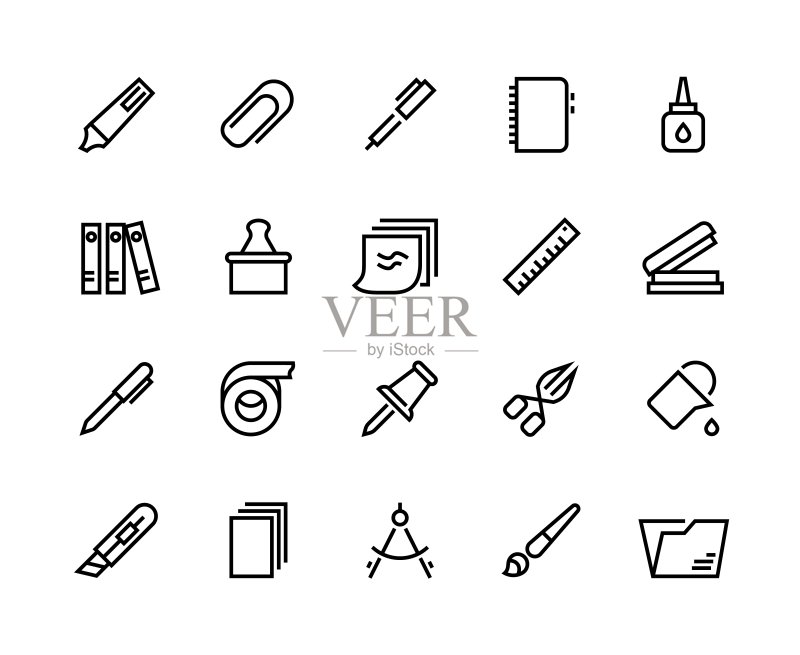 文具线条图标:学校和办公室用品图标素材