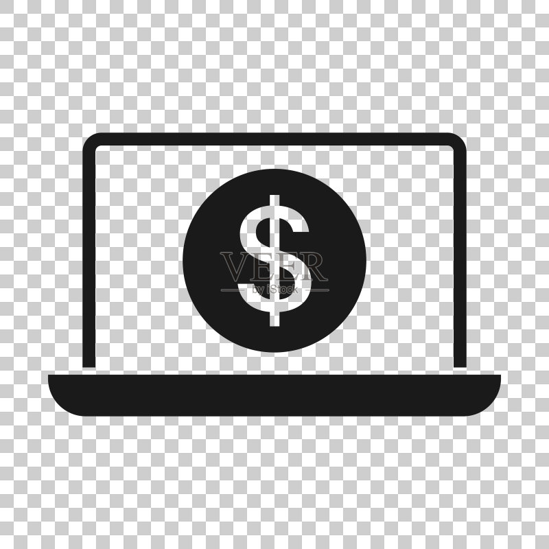 扁平风格的带金钱图标的笔记本电脑图标素材