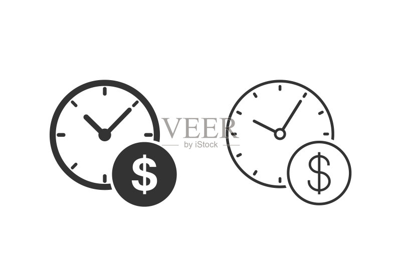 扁平风格的商业金融管理线性图标集:时间就是金钱,白色背景上的金融策略矢量图图标素材