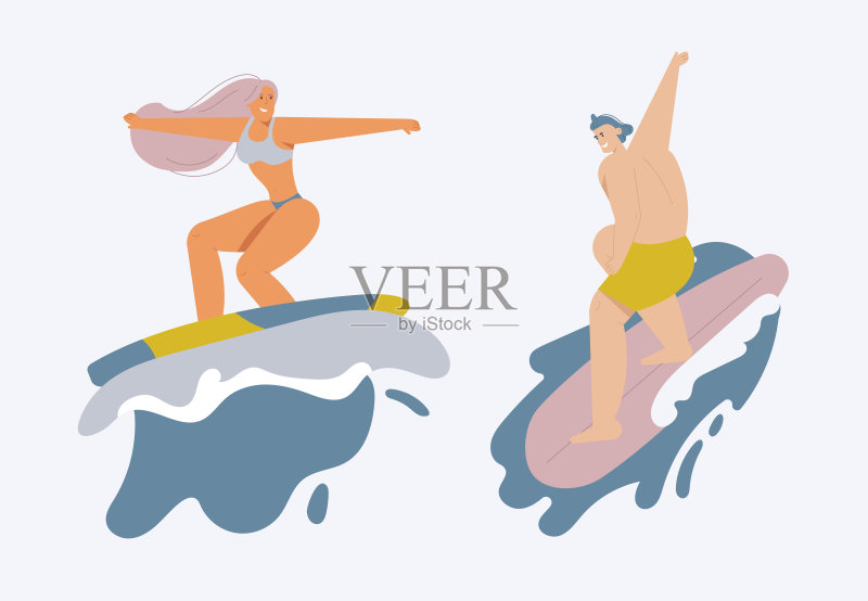 年轻人骑着冲浪板,老式露营车正版插画素材
