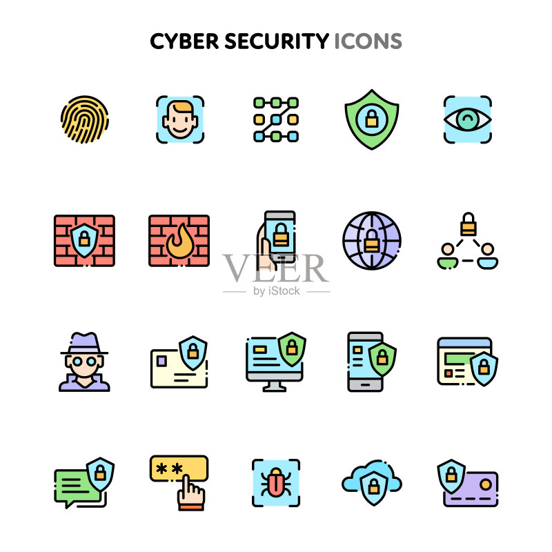 互联网与网络安全图标集:线形色彩系列图标素材