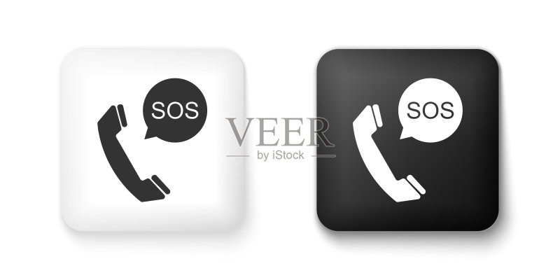 黑白SOS紧急呼叫图标,白色背景,方形按钮矢量图图标素材