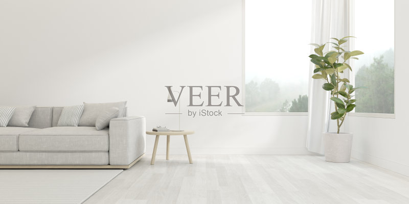 现代客厅的3d渲染与明亮的木地板上的沙发,白色墙壁与大窗户的自然背景。正版图片素材