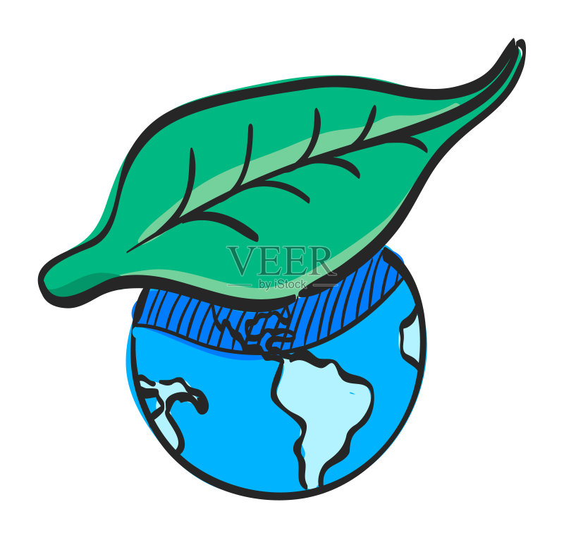 彩色绘画中的带有树叶图标的地球仪图标素材