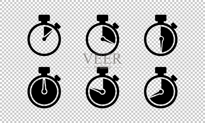 透明背景上的定时器隔离图标集:倒数计时器、跑表符号、时间管理、时钟标志、手表图标矢量图图标素材