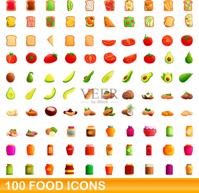 100个食物图标集,卡通风格图标素材
