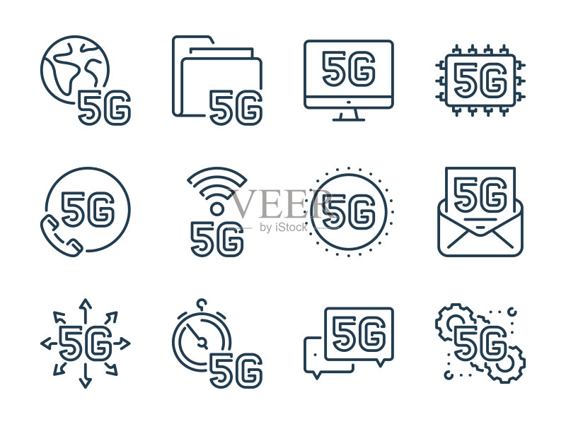 5G技术相关矢量线性图标集:5G网络轮廓图标图标素材